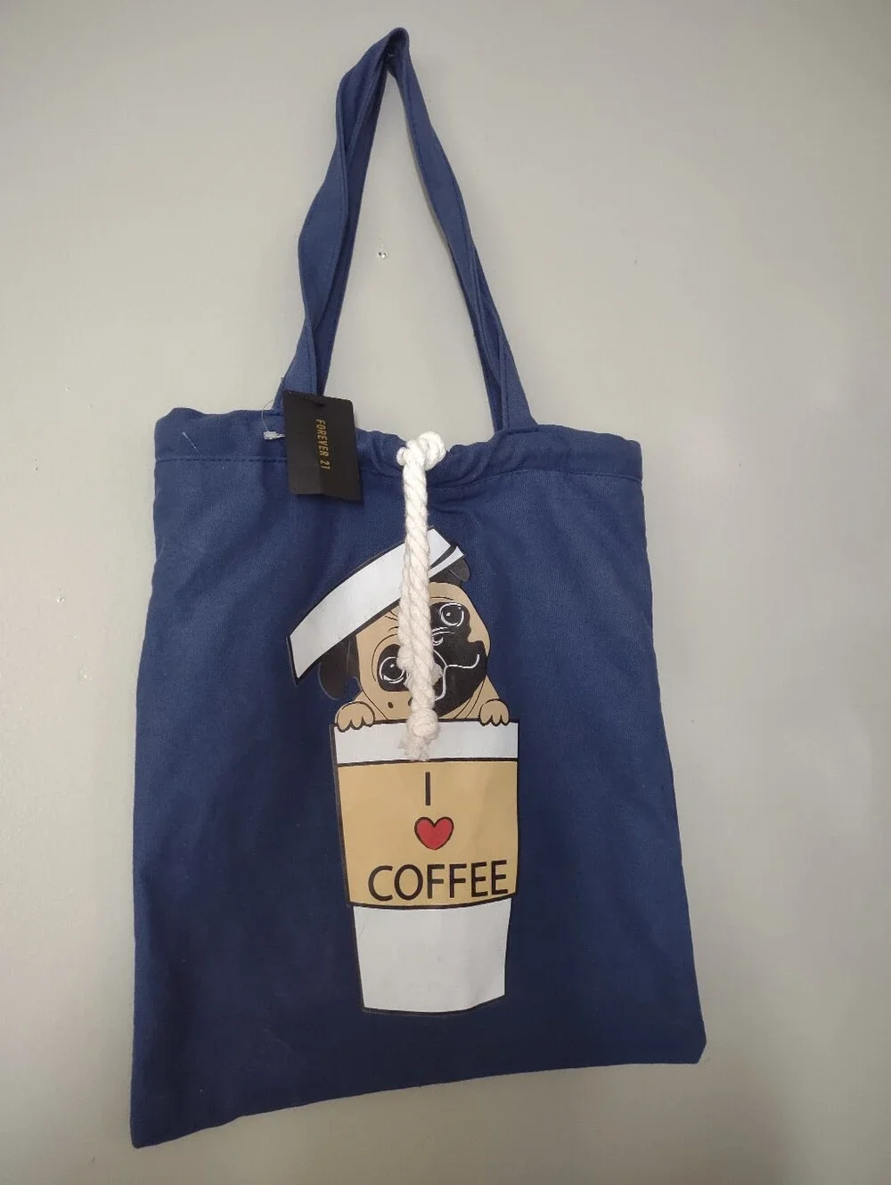 Forever 21 Pug Mug Blue Tote 'I Love Coffee' Totebag